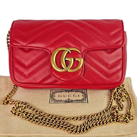 GUCCI Matalasse Super Mini GG Marmont Shoulder Bag Hibiscus Red Chain Strap - Picture 3 of 16